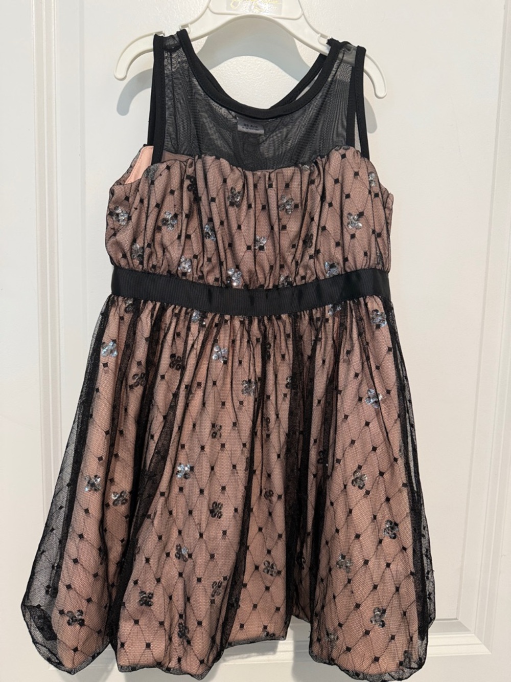 Girls Black Mesh Overlay Dress with Blush Pink Lining